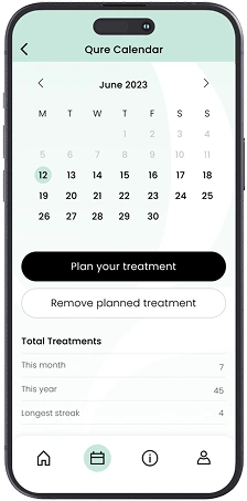 Qure Calendar app showing June 2023, plan treatment,...
