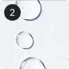 Three clear water droplets, one with a 2 in a circle.