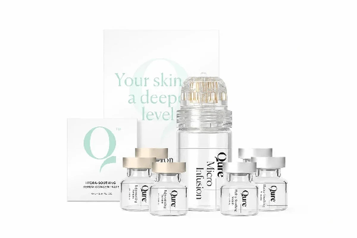 Qure micro-infusion skincare device with serum vials and packaging