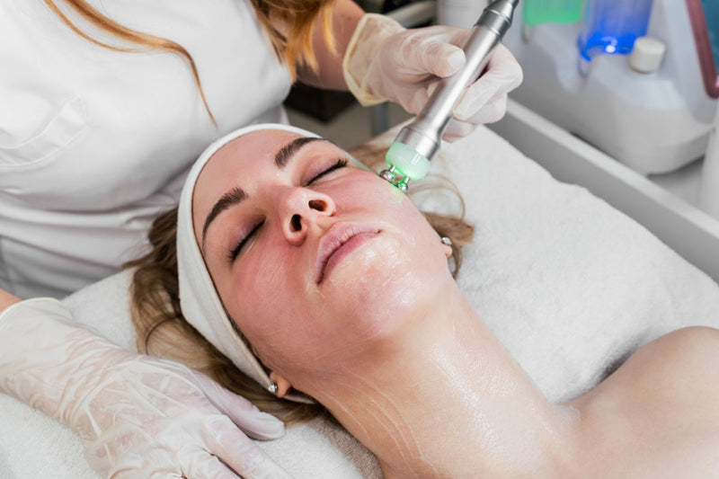 Microcurrent facial treatment in spa setting compared in microcurrent vs red light therapy for skin lifting.