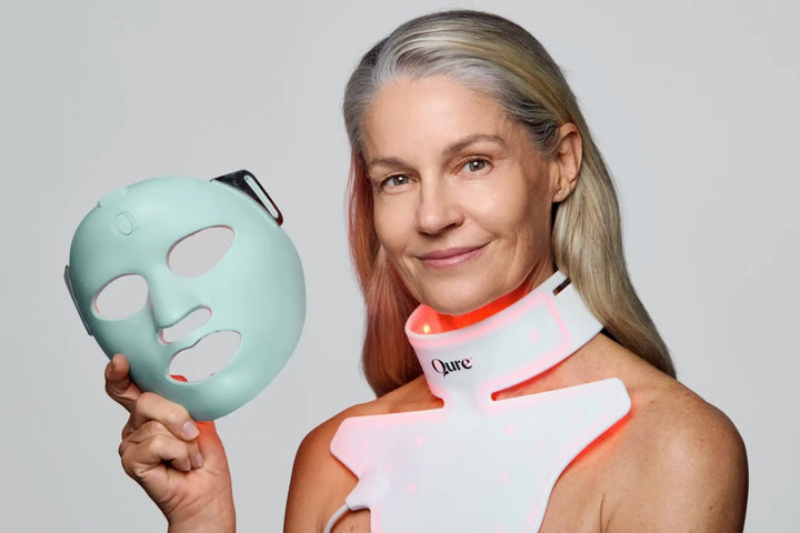 LED mask and neck device demonstrating radio frequency vs red light therapy for at-home skincare