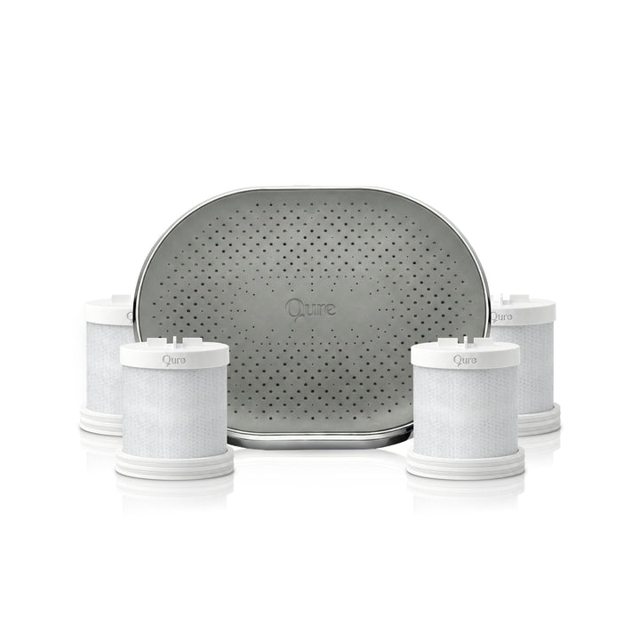 Qure silver shower filter set with four replacement cartridges