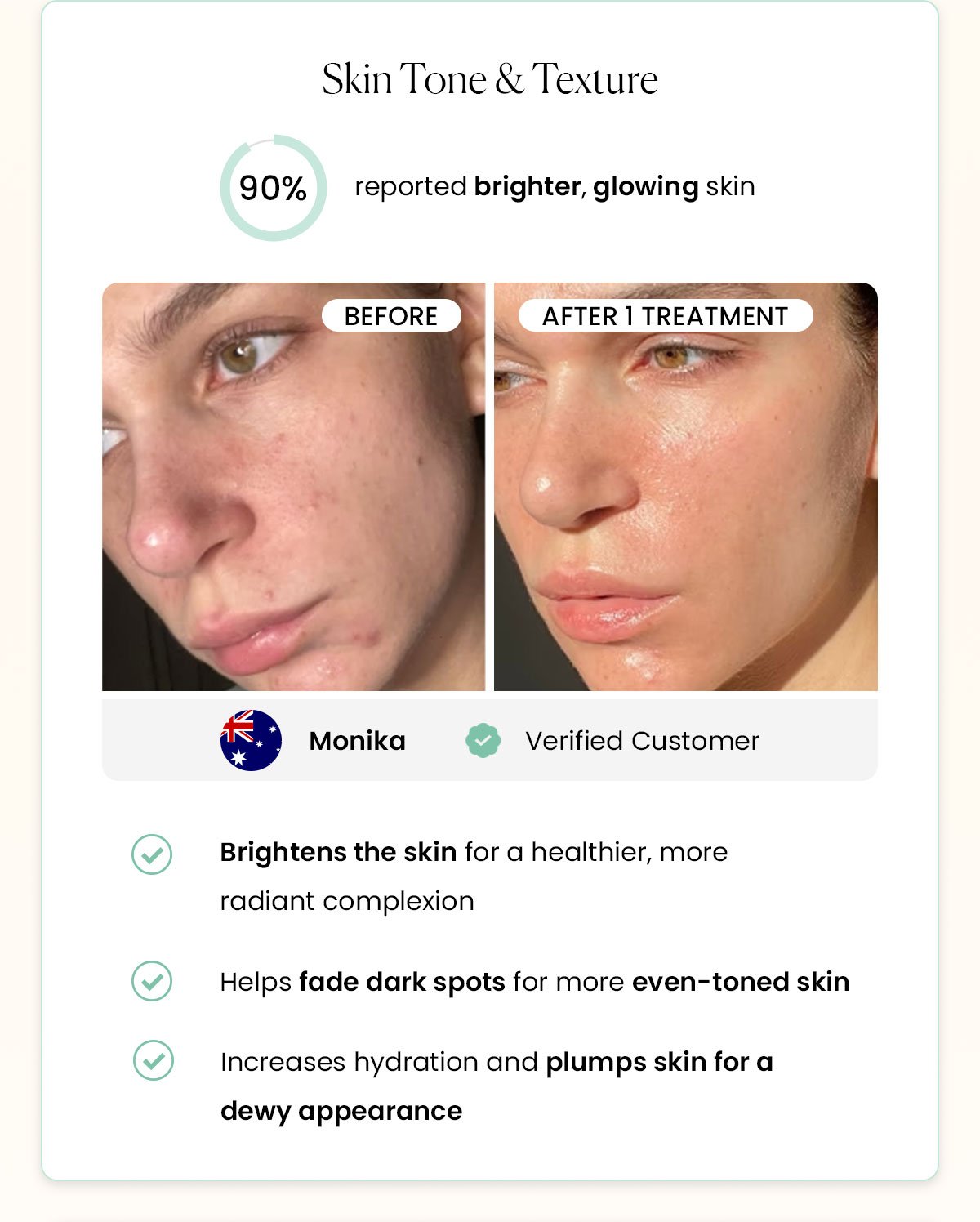 Skin Tone & Texture | 90% reported brighter, glowing skin Brightens the skin for a healthier, more radiant complexion Helps fade dark spots for more even-toned skin Increases hydration and plumps skin for a dewy appearance